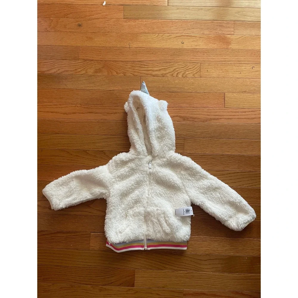 Old Navy Kids White‎ Unicorn Sherpa Fleece Zip Hoodie Jacket Rainbow Hem 2T NEW